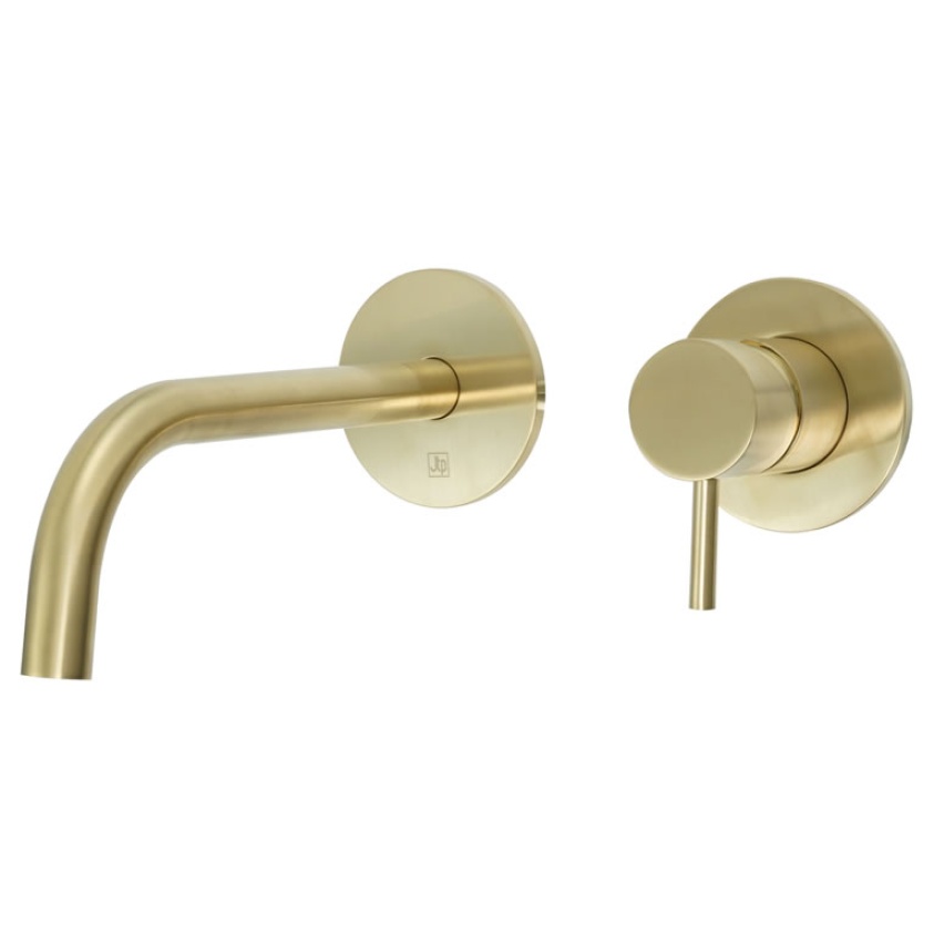 Product Cut out image of the JTP Vos Brushed Brass Wall Mounted Slim Basin Mixer